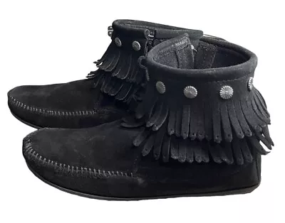 MINNETONKA Moccasins Double Fringe Side Zip Black Suede Bootie Size 9 • £21.71