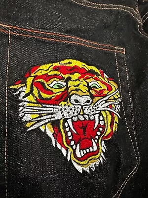 Ed Hardy Christian Audigier Jeans Baggy Embroidered Tigers Button Fly 38x32 Y2K • $69.99