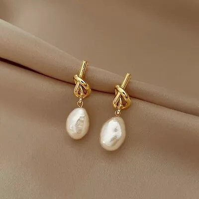 Woman 18K Gold Plated Knot Vintage Style Baroque Pearl Earring Stud Drop • $9.95