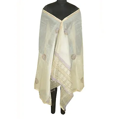 Sanskriti Vintage Long Dupatta Stole Pure Silk Ivory Hand-Block Printed Scarves • $27.38