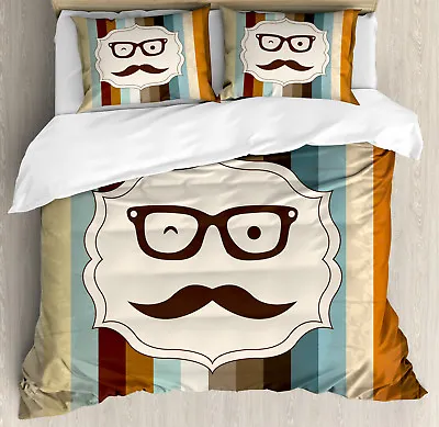Funny Queen Size Duvet Cover Set Man Moustache Glasses With 2 Pillow Shams • $89.99