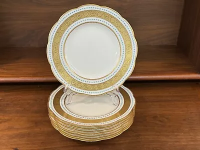 Set Of (8) Minton Gold & Turquoise Raised Enamel Bead Luncheon Plates As-Is • $99