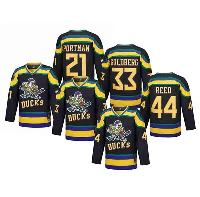 Movie Mighty Ducks Portman 21 Goldberg 33 Reed 44 Hockey Jersey Black All Sewn • $45