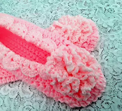 New Large Crocheted Women's Bedroom House Slippers Pansy Pink White Frosted • $7.50