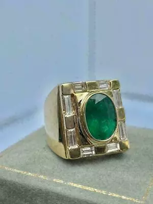 6 Ct Oval Emerald Baguette Cubic Zirconia Vintage Men's Ring Yellow Gold Plated • $94.63