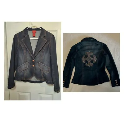 V Cristina Denim 2-Button Blazer Jacket W Embellished Back Notch Lapel M • $27