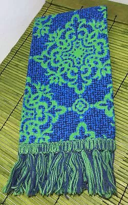 Vintage Hand Towel Cotton & Cotton Fringe Blue Green With Black 21  X 21  • $20