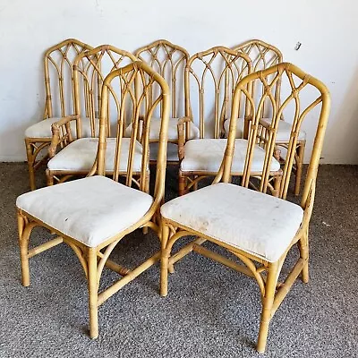 Boho Chic Bamboo Rattan Henry Link Dining Chairs - Set Of 7 • $695