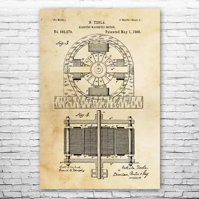 Tesla Electromagnetic Motor Patent Poster Print 12 SIZES Nikola Tesla Art • $15.95