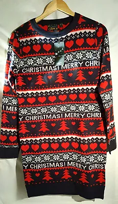 BRAVE SOUL Womens Christmas Jumper Dress Heart Xmas SMALL Navy(BLACK) / Red  NEW • £16.99