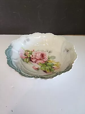 Vintage Leuchtenburg Germany Serving Bowl Pink Roses/ Blue Trim Hand Painted EUC • $20