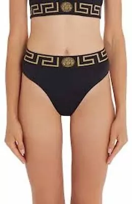 VERSACE GRECA BORDER MEDUSA HIGH WAIST BIKINI BOTTOMS ONLY Black W/ Gold Size M • $89.99