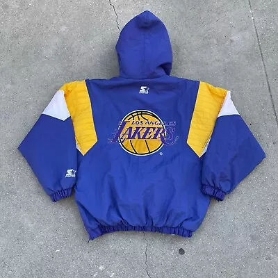 Vintage Starter NBA Los Angeles Lakers Pullover Puffer Jacket Mens Small Hooded • $149.99