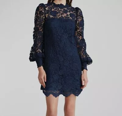 $495 Zac Posen Women's Blue Guipure Long-Sleeve Lace Mini Dress Size 12 • $158.78