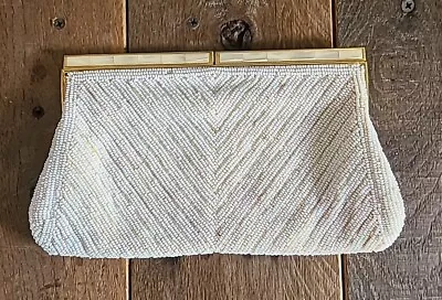 Pretty Vintage White Glass Beaded Clutch Purse Bag • $10