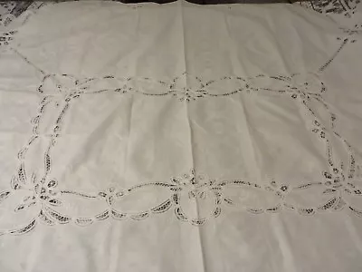 Battenburg Lace Tablecloth White Oval Shape 65  X 81  Cutwork Floral Stitch NWOT • $21