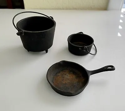 3 Vintage Miniature Cast Iron Kettles Skillet Toy Mini G Fox And Co • $22