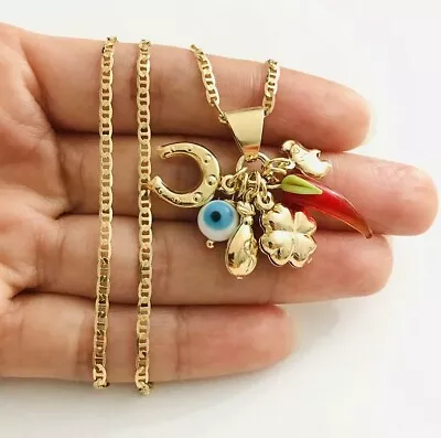 $15.99 • Buy 18K Gold Filled Charm Evil Eye, Elephant, Clover Necklace For Good Luck - P107