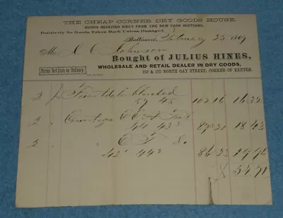 1869 Julius Hines Dry Goods Dealer Baltimore MD Billhead • $8.61
