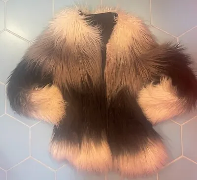 Faux Fur Jacket Mongolian Fur Black/ Ivory + Pockets Womens XS • $14