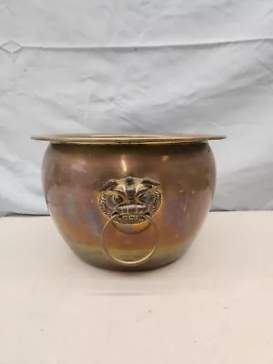 Large Vintage Hammered Brass Planter Cauldron Jardiniere With Foo Dog Handles • $99.95