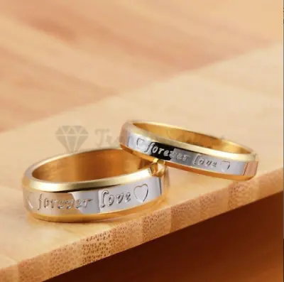 Titanium Steel Engraved Gold Silver Couple Forever LOVE Heart Engagement Rings • £4.99