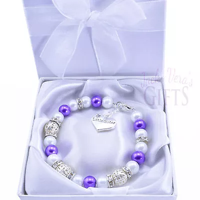 Personalised Bright Purple Pearl Bracelet - Choice Of Heart Charm  Free Gift Box • £7.49