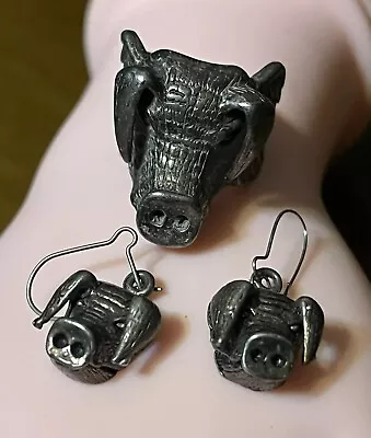 G.S.  Vintage Silver Biker Pig Ring And Earrings Size 6.5 • $185
