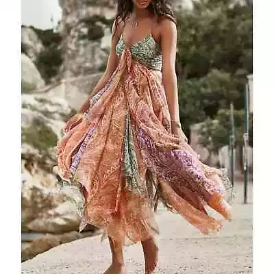 ZIMMERMANN Brighton Tiered Patchwork Paisley Print Silk Crepon Midi Dress • $350