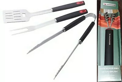 Jumbuck 3 Piece BBQ Tool Set - Spatula/Fork/Tongs + Matador Safe Scrub BBQ Clean • $42.99