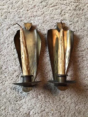 2 Roycroft Arts & Crafts Hammered Brass Candle Wall Sconces With Wooden Candles • $425