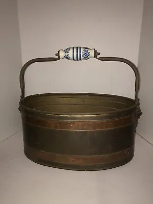 Vintage Large Copper Brass Pail Pot Bucket Handle Porcelain Lions Head • $40