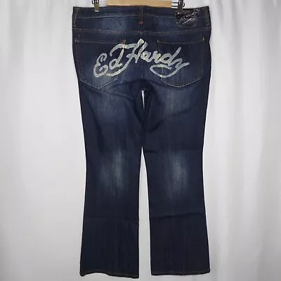 Ed Hardy Jean 20 Women Bootcut Low Rise Silver Signature Logo Pockets Blue Y2K • $89.93