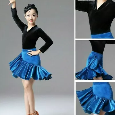 Girls Latin Dance Dress Long Sleeve Velvet Salsa Samba Gymnastics Dancewear • $48.32