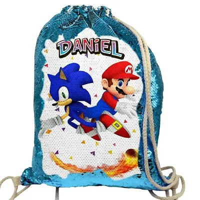 £14.95 • Buy Personalised Mario & Sonic Blue Sequin Drawstring Bag Any Name School Nursery PE