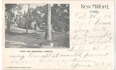 New Milford CT  Park & Memorial Library  Postcard Used 1905 • $4