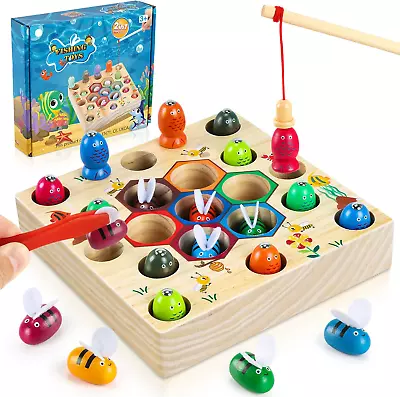 COOLJOY Wooden Fishing Game Toys Gifts For 2 3 4 Year Old Boy Girl | 2-in-1 Game • £14.49