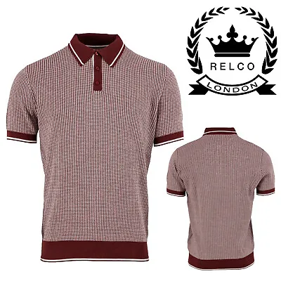 Relco Men's Burgundy White Jacquard Dogtooth Knitted Mod Tipped Polo Top Shirt • £39.99