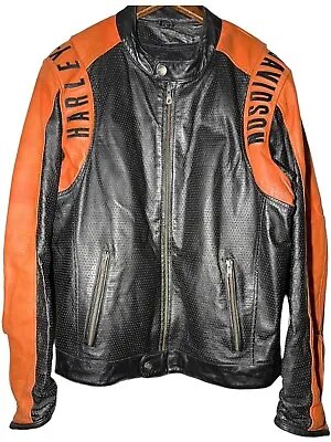 Harley Davidson Men L Racing Perforated Leather Jacket Orange Liner 98123-08VM • $169.99