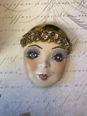 £23.85 • Buy 2.5” Hand Painted Signed Flapper Face Art Deco Brooch Pin Sequined Rhinestone