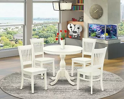 5pc Kitchen Dinette 36  Round Pedestal Table + 4 Wood Dining Chairs Off-white • $549