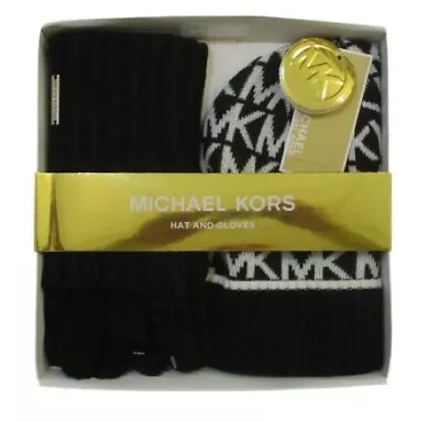 Genuine Michael Kors Black White 2 Piece Hat & Gloves Set New In Gift Box • $39.90