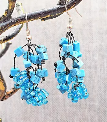 Turquoise Gemstone & Glass Beads Flowing Multi Strand Chandelier Earrings • £7.95