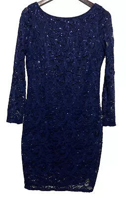 Marina Dress Women Size 6 Long Sleeve Lace Overlay Sequin Navy Blue Cocktail • $39.96