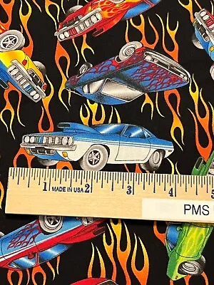 TT Rainbow Retro Muscle Cars Flames 100% Cotton Fabric By The Yard 36x44 C1109 • $7.25