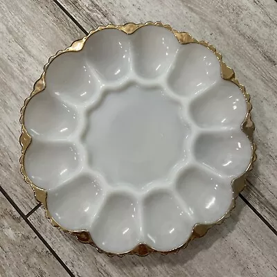 VINTAGE ANCHOR HOCKING FIRE KING MILK GLASS DEVILED EGG DISH PLATE Gold Trim 10  • $9.88