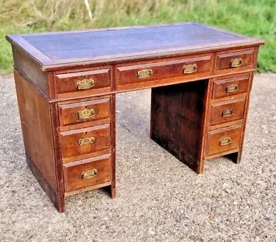 Antique Solid Wood Partner Twin Pedestal Writing Home Office Oak Desk -9 Drawers • £329.99