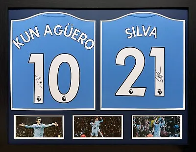 FRAMED AGUERO & SILVA SIGNED MANCHESTER CITY 2 X FOOTBALL SHIRT PROOF & COA • $694.61