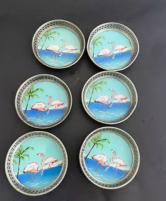 Vintage Mid-Century Metal Flamingo/Palm Tree Beach Coasters MCM Japan Set Of 6 • $28.04