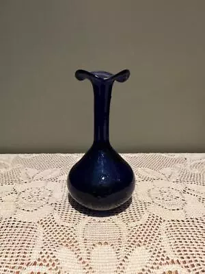Vintage Hand Blown Cobalt Blue Glass Vase With Narrow Neck And Flared Rim - Vgc • $29